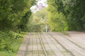 The tramway along the city park Sokolniki in summer day. Lifestyle of big city. High resolution image.  