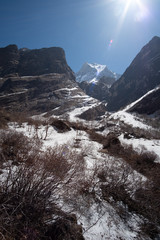 Cruel path,Snow in Himalaya Annapurna mountain base camp, Nepal.