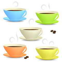 Cups of coffee and coffee beans