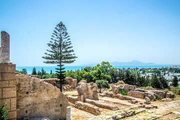The ruins of Carthage and a beautiful view of the sea and the city. Carthage. Tunisia.