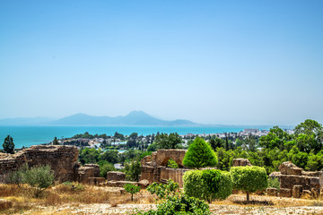The ruins of Carthage and the view of the sea and the city. Carthage. Tunisia.