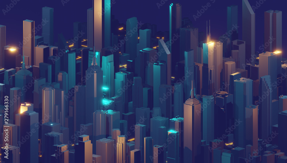 Poster 3d rendering digital abstract city. city building forms with reflections, shadows and random element