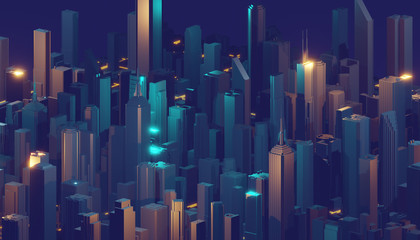 3d rendering digital abstract city. City building forms with reflections, shadows and random elements.