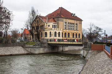 Beautiful historic building on the banks of the Oder River in Wroclaw. Poland