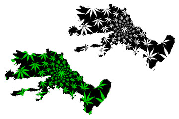 Mugla (Provinces of the Republic of Turkey) map is designed cannabis leaf green and black, Mugla ili map made of marijuana (marihuana,THC) foliage,....