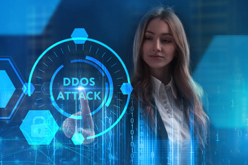 The concept of business, technology, the Internet and the network. A young entrepreneur working on a virtual screen of the future and sees the inscription: Ddos attack