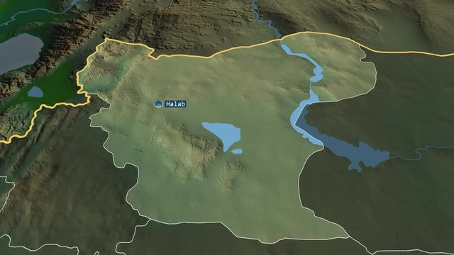 Aleppo - province of Syria with its capital zoomed on the physical map of the globe. Animation 3D