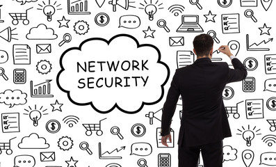 Business, technology, internet and networking concept. Young entrepreneur showing keyword: Network security