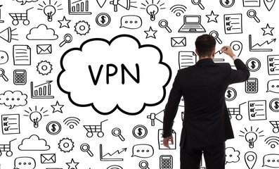 Business, technology, internet and networking concept. Young entrepreneur showing keyword: VPN