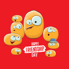 Happy Friendship day vector illustration. funky kids potato with friends.vector friends tiny kids potato characters having fun isolated on red background.