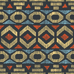 Seamless ethnic pattern drawn by freehand pencil. Bohemian print for textiles. Ethnic and tribal motifs. Horizontal orientation. Vector illustration.