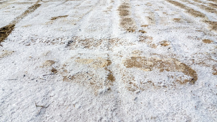 Natural white salt crystal texture on the sand