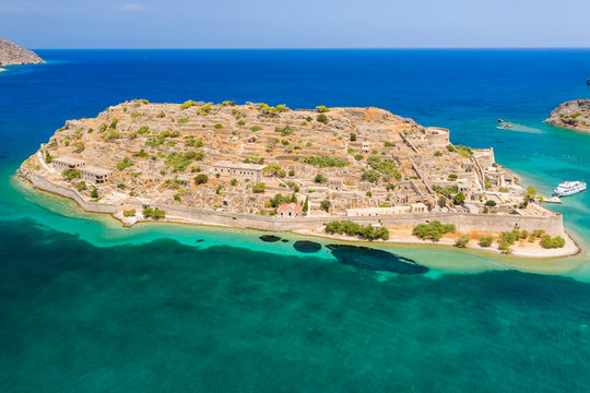 Aerial drone view of the ruins of the ancient Venetian fortress on the island of Spinalonga on the Greek island of Crete
