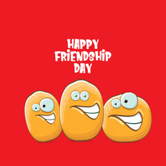 Happy Friendship day vector illustration. funky kids potato with friends.vector friends tiny kids potato characters having fun isolated on red background.