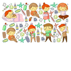 Vector pattern with little children. Illustration of Child diseases, flu, illness