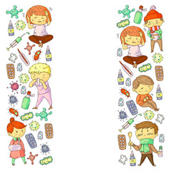 Naklejka premium Vector pattern with little children. Illustration of Child diseases, flu, illness