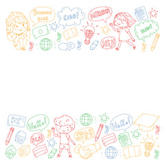 Vector pattern for language class, online courses. English, arabic, italian, japanese, spanish, chinese, german.