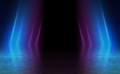 Empty background scene. Dark reflection of the street on the wet asphalt. Rays of neon light in the dark, neon figures, smoke. Background of the dark tunnel. Abstract dark background.
