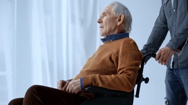 cropped view of man pushing wheelchair with disabled senior man 