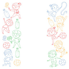 Children and sport. Vector illustration of activities. Football, soccer, running, dancing, martial arts. Health care in school and kindergarten.