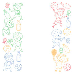Children and sport. Vector illustration of activities. Football, soccer, running, dancing, martial arts. Health care in school and kindergarten.