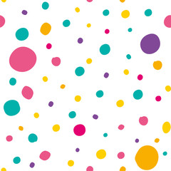 Sweet colorful dragee candy. Multicolored polka dot seamless pattern. Vector template for festive design.