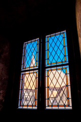 Interior window view at the Corvin Castle, also known as Hunyadi Castle or Hunedoara Castle, Hunedoara County, Transylvania, Romania