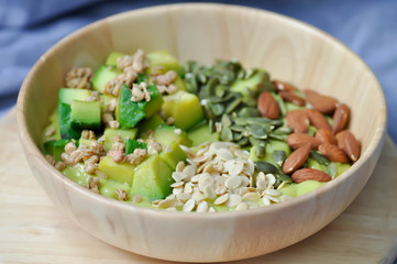smoothie bowl, avocado yogurt with fruit topping or blended avocado