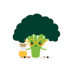 Cute cartoon vector illustration with broccoli character holding small bottle of broccoli seeds oil.