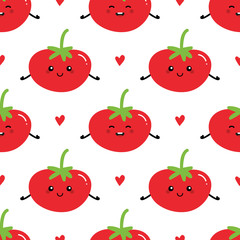 Cute vector seamless pattern background with tomato characters and hearts.