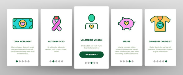 Volunteers, Charity Vector Onboarding Mobile App Page Screen. Volunteering, Charitable Organizations Logo Linear Pictograms. Donations, Humanitarian Aid, Peace-Keeping Missions Illustrations