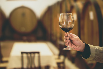 Wine tasting at the winery. Male hand holding a glass of red wine on the background of wine barrels. Selective focus