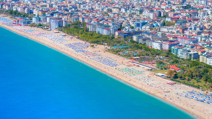 Holidaymakers sunbathing at Cleopatra beach . One of the beaches of the Mediterranean coast - Alanya, Turkey