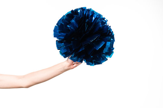 cropped view of cheerleader girl holding blue pompom isolated on white