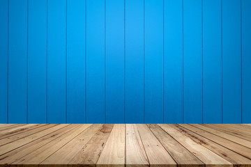 Blue Cement Wall and wooden floor Backgrounds,for display products.