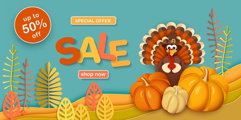 Thanksgiving, sale. Advertising banner with traditional turkey in a hat, pumpkins, autumn leaves in the style of paper cut. Layered horizontal vector background EPS-10 - 279180198