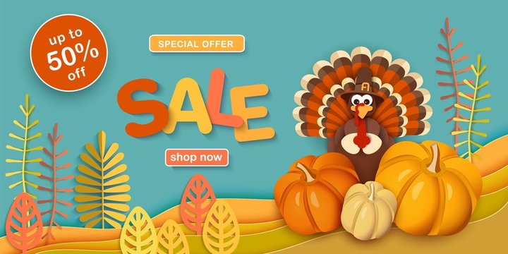 Thanksgiving, sale. Advertising banner with traditional turkey in a hat, pumpkins, autumn leaves in the style of paper cut. Layered horizontal vector background EPS-10