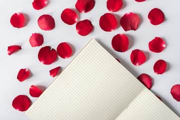 Top of view of empty opened gridded notebook and red rose petals on white background with copy space on the left.. Flat lay of working desk. Empty notebook for your text.