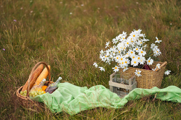 Summer picnic in the meadow on the green grass. Fruit basket, juice and bottled wine, watermelon and bread baguettes. White tablecloth and a bouquet of field daisies.