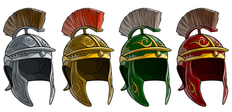Cartoon colorful metal ancient roman soldier warrior helmet with crest. Isolated on white background. Vector icon set.
