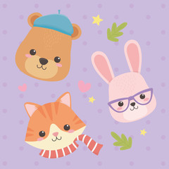 cute and little animals with leafs and hearts characters