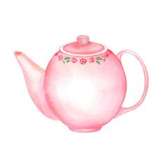 watercolor ceramic pink teapot illustration. Element for tea party invitation