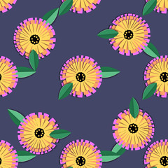 Fototapeta na wymiar Vintage origami pattern with colorful calendula cut paper pattern on white background for textile design. Like a 3d vector. Modern interior.