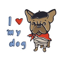 I love my dog. Illustration with french bulldog wearing a bonnet