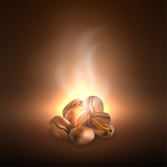 Fototapeta premium Vector coffee grains. Coffee beans dropping in to pile. Coffee beans roasting with smoke.
