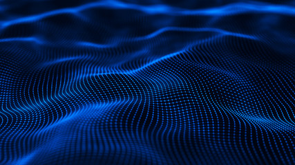 Wave with many dots. Network of particles connected by lines. Abstract digital background. 3d rendering.