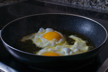 two fried eggs in a pan