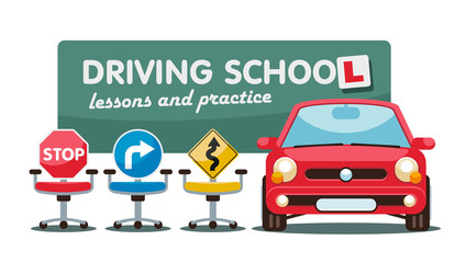 In the driving class next to the car there are chairs on wheels in the form of road signs and waiting for students to study.