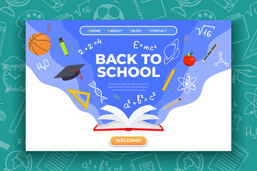 Obraz premium Back to school banner. Book, basketball ball, pen and school supplies on colorful background. Back to school education concept