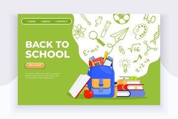 Naklejka premium Back to school banner. Backpack, apple, books and school supplies on colorful background. Back to school education concept
